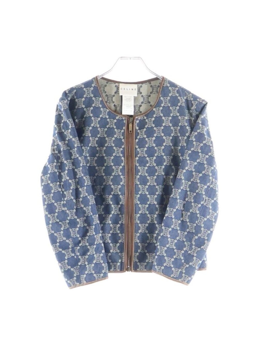 Celine Macadam All Over Print Denim Leather Piping Collarless Zip Up Jacket
